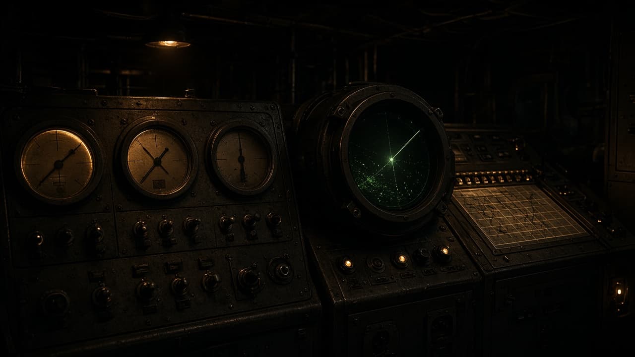A dark submarine control-room instrument panel with sonar-style displays and amber lamps